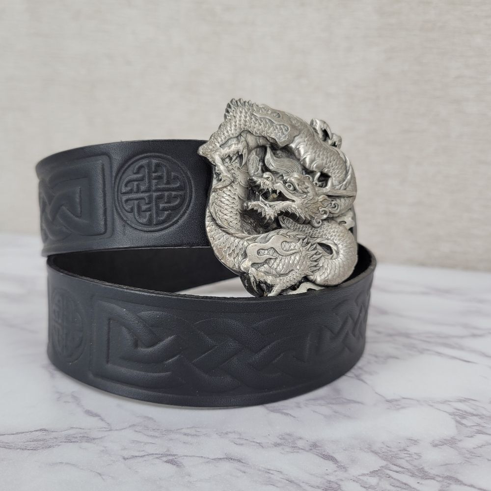 Bergamot Vintage 80s Black Leather Celtic Belt with Silver 2D Dragon Buckle